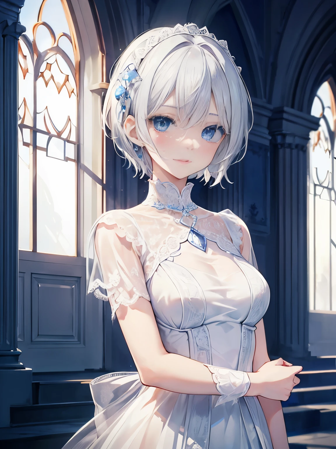 silver hair　blue eyes　inside the castle　short hair　white lace dress　a lot of apples　masterpiece　best image quality　clear　cinematic shadow　Increased attractiveness of the eyes　clear the shine of the eyes　Draw eyelashes neatly　perfect eyes　detailed eye　Sharpen image quality　Sharpen eye writing　clear eye shape