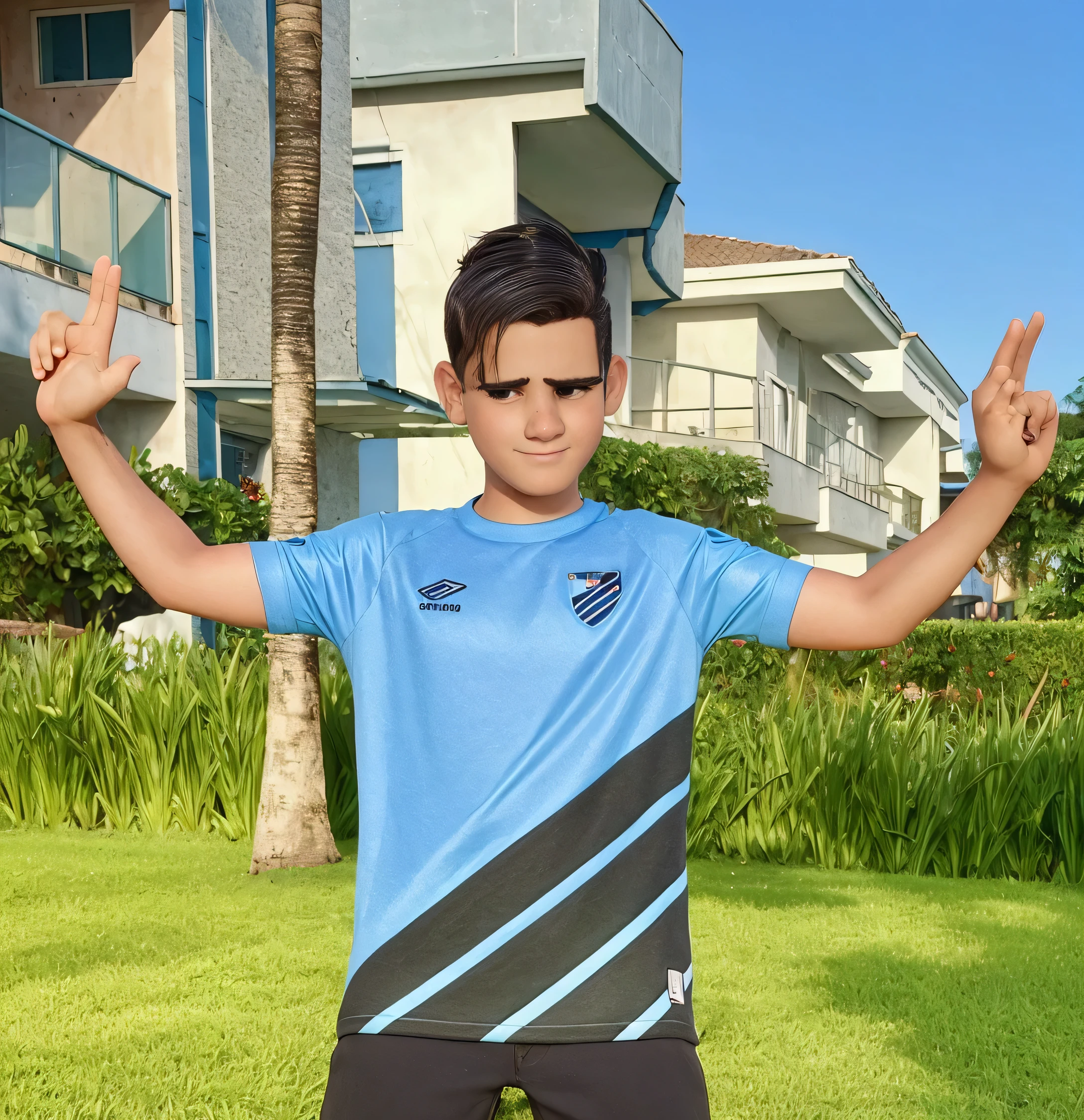 menio estilo disney pixar 5 anos, cabelo moicano com mechas azuis, vestino roupa do athletico paranaense alta qualidade melhor qualidade rosto