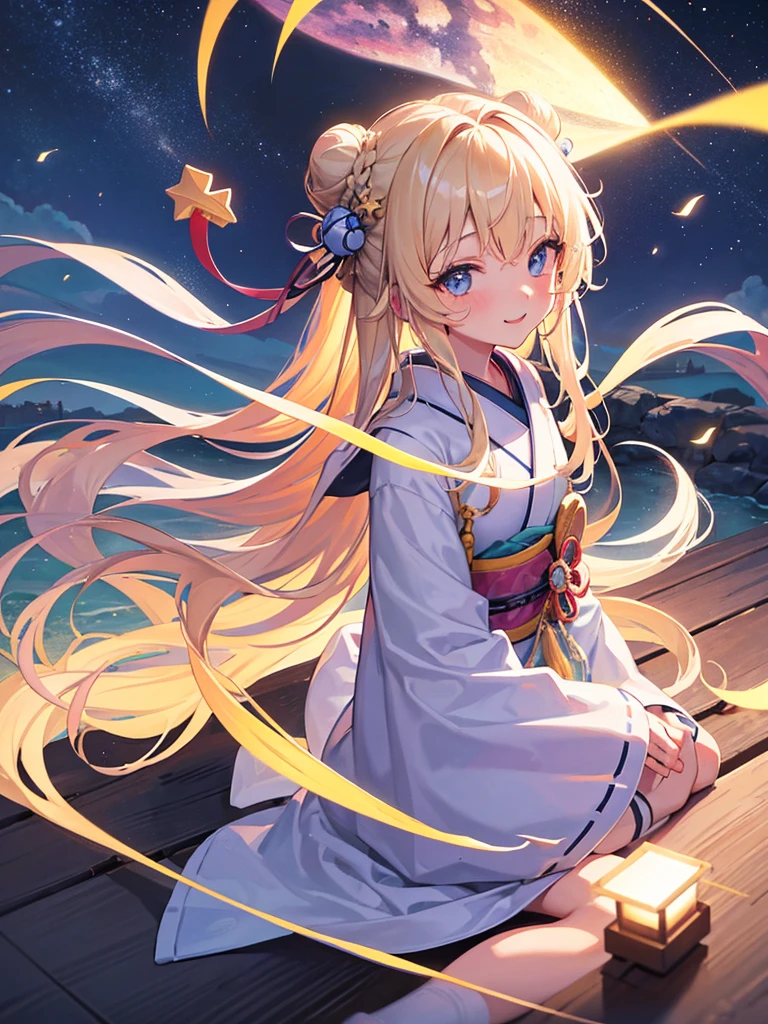 (masterpiece)++,(sweet illustration)+,detailed gradient eyes, outdoors, milky way galaxy, Beautiful scenery, Moonlight, high resolution, night view,
((1girl)), sitting, kimono, WHITE MUFFLER, CAPE, ROBE, (fluffy, beanie), from back, looking at viewer, medium bob, blonde hair, bun_head, shiny wavy hair, blue eyes, light smile, lens flare, Japanies Hairpin, kanzashi, braided bangs, cute, , 14-yo, , sweaty hats, white breath, steam, shooting star,