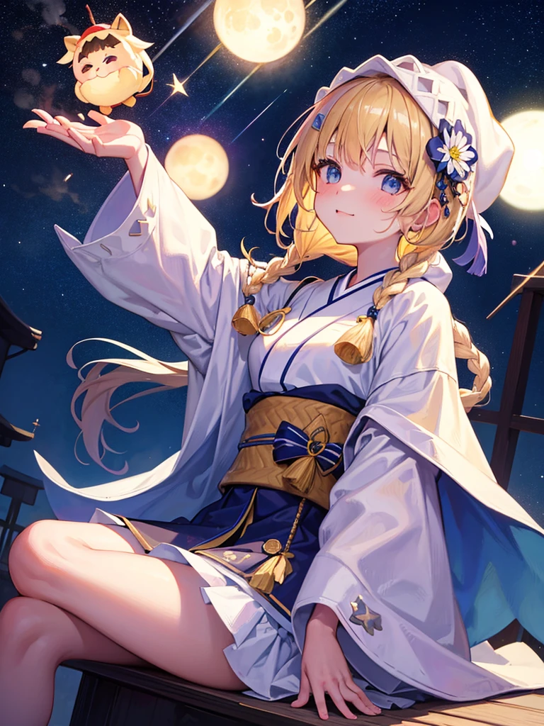 (masterpiece)++,(sweet illustration)+,detailed gradient eyes, outdoors, milky way galaxy, Beautiful scenery, Moonlight, high resolution, night view, 
((1girl)), sitting, kimono, WHITE MUFFLER, CAPE, ROBE, (fluffy, beanie), from back, looking at viewer, medium bob, blonde hair, bun_head, shiny wavy hair, blue eyes, light smile, lens flare, Japanies Hairpin, kanzashi, braided bangs, cute, , -yo, sweaty hats, white breath, steam, shooting star,