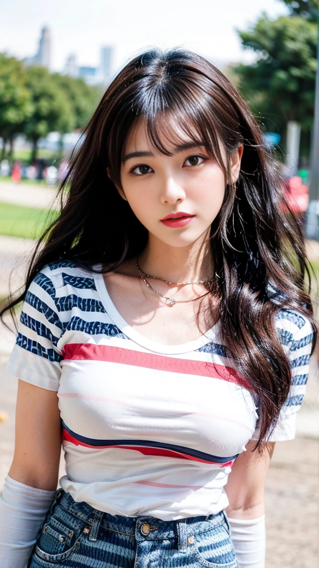 Canon RF85mm f/1.2,masterpiece,best quality,ultra highres,1 girl,(korean mixed,kpop idol:1.2),solo,shiny_skin,very white skin,black eyes,necklace,brown hair,red lips,long hair,eyelashes,wavy hair,bangs,make-up,shiny lips,shiny,Pore,skin texture,jewelry,bracelet,big breasts,((Striped_tee:1.5),(Skinny jeans:1.4),(Urban_park_background:1.3))