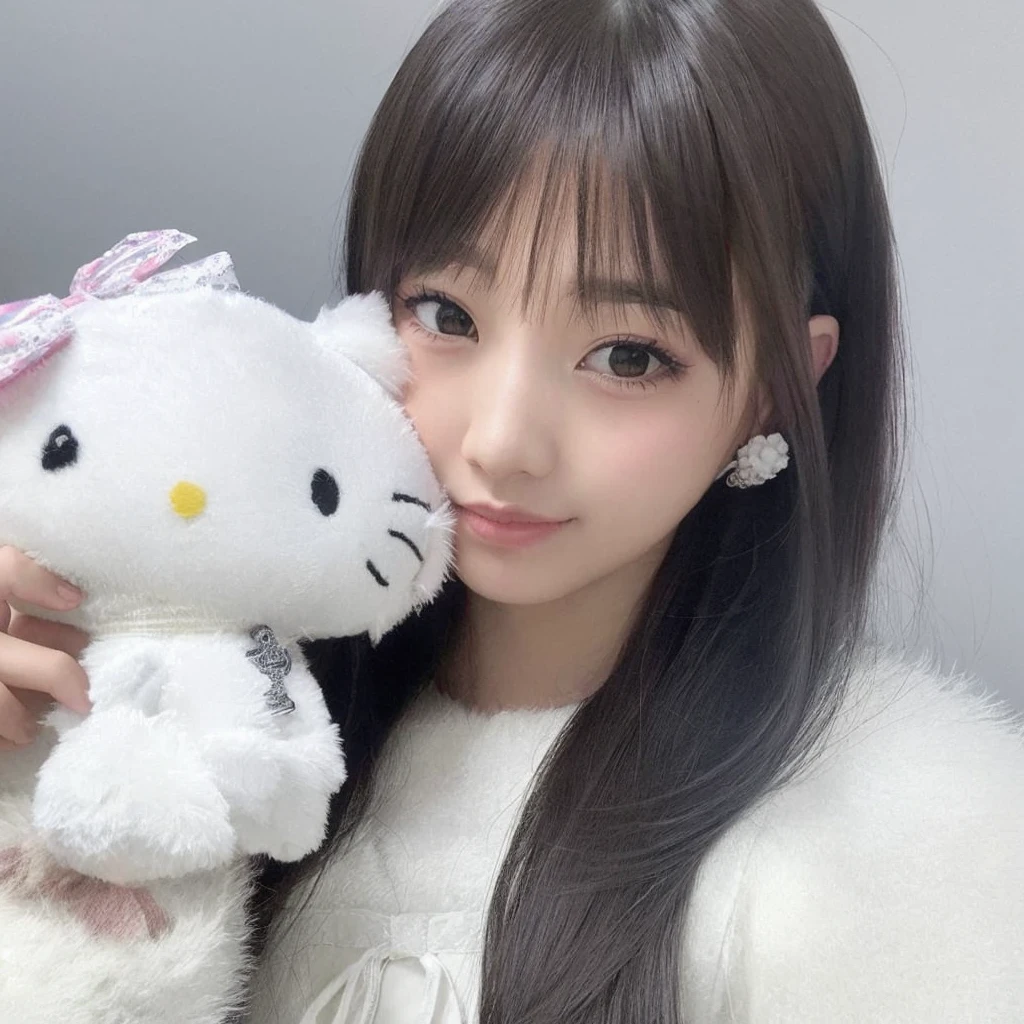 There is a girl holding a Hello Kitty doll., Wonyoung de IVE, sakimichan, con cara linda - fina, chiho, bella delfina, muy hermosa linda catgirl, kimi takemura, shikami, narumi kakinouchi, brown hime cut hairstyle, dilraba dilmurat,