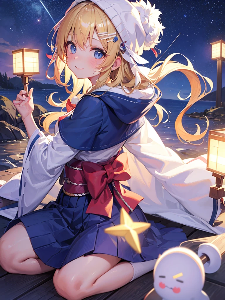 (masterpiece)++,(sweet illustration)+,detailed gradient eyes, outdoors, milky way galaxy, Beautiful scenery, Moonlight, high resolution, night view, 
((1girl)), sitting, kimono, WHITE MUFFLER, CAPE, ROBE, (fluffy, beanie), from back, looking at viewer, medium bob, blonde hair, bun_head, shiny wavy hair, blue eyes, light smile, lens flare, Japanies Hairpin, kanzashi, braided bangs, cute, , 14-yo, , sweaty hats, white breath, steam, shooting star,