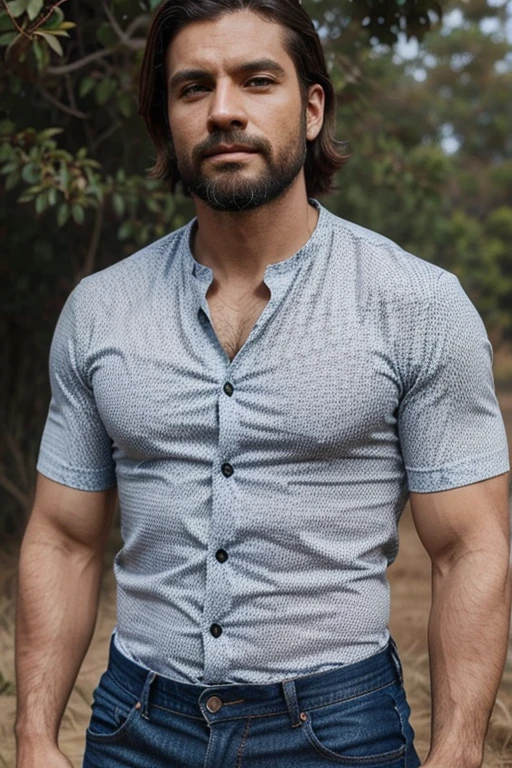 Homem de 35 anos, cabelo castanho, barba definida, com camisa jeans num campo