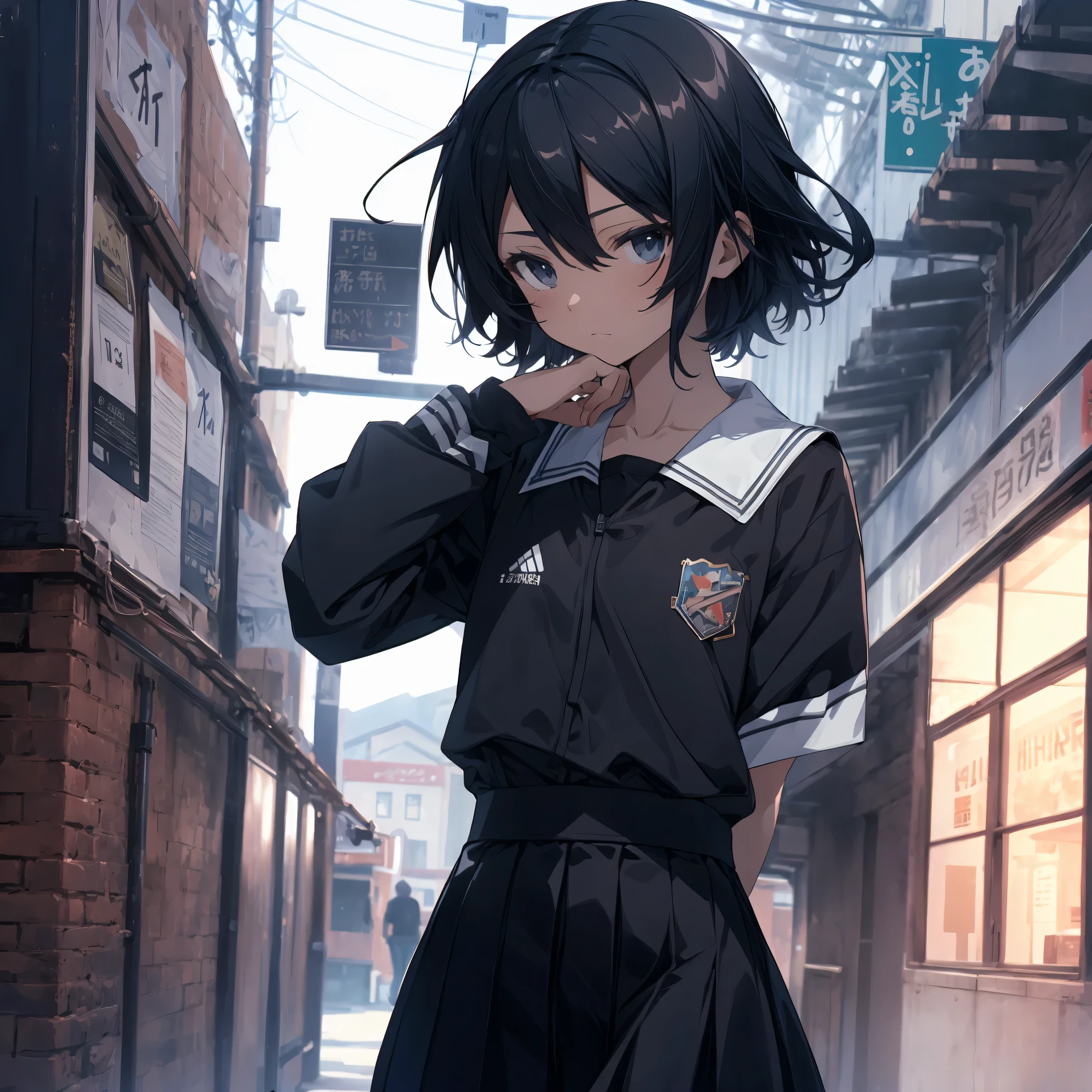 Super high quality by the art god, super detailed, High resolution,Shinkai Makoto style, anime moe art style, best anime 8K konachan wallpaper, pixiv contest winner, perfect anatomy, break,(眠そうにalone学校へ行く女の子を描いてください. ),break, surreal high school girl, (alone,lolita, , 13 years old:1.3),All limbs, full finger,, androgynous charm, (very short hair), messy hair, flat chest, , small ass, between legs, Small black eyes, we say, beautiful and fine eyes, Well-proportioned iris and pupils, disgusted eyes, High resolutionの詳細な髪, wearing school uniform, (skirt), On the way to school. break,super dense skin, Best lighting by famous artists, 8K, figure,