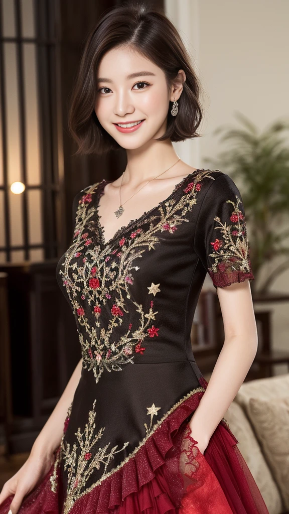 Best quality, high resolution, masterpiece: 1.3), a tall and beautiful woman, (dark brown short hair: 1.2), wearing pendant, pouf dress, black and red wedding dress fashion dress design "haute couture" fairy charming fantasy fantastic theme black embroidery with some ruby red details embroidered frills, red and black, layers. Dark mode of layers, layers, layers, evil, stars, moon, fog and wind, without any pose, standing (background is in the living room at home), beautifully presented details in face and skin texture, detailed eyes, double eyelids, smiling