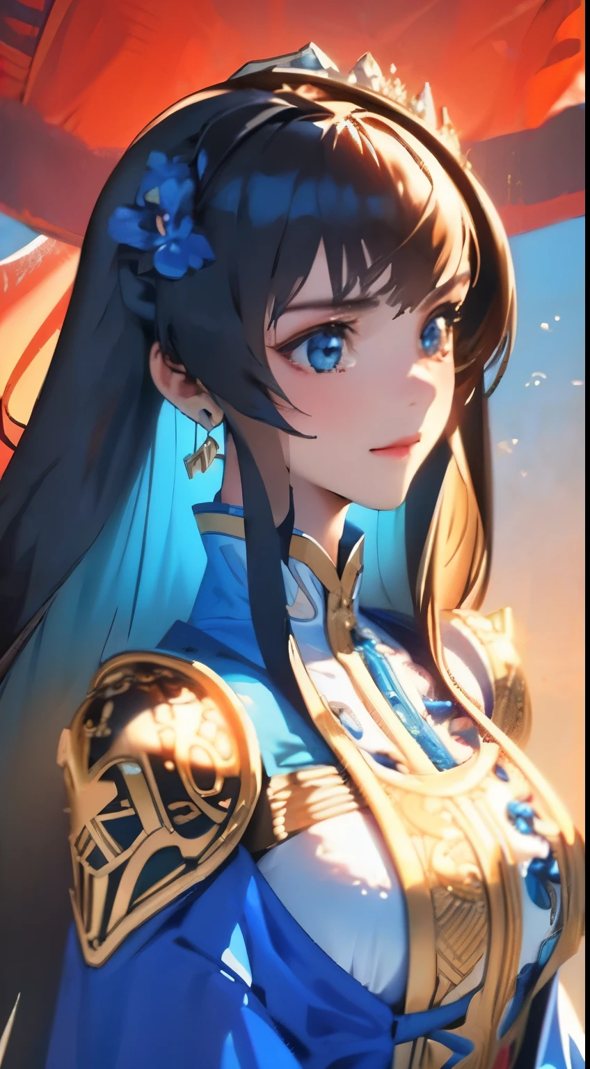 （filigree，Sharp images，Hyper-Resolution，Extremely amazing detail，awe-inspiring detail），sub surface scattering，tmasterpiece，best quality，high qulity，（1girll：1.2），独奏，apathy, close up to upperbody, focus breast, light armored, bare shoulders, blue armor