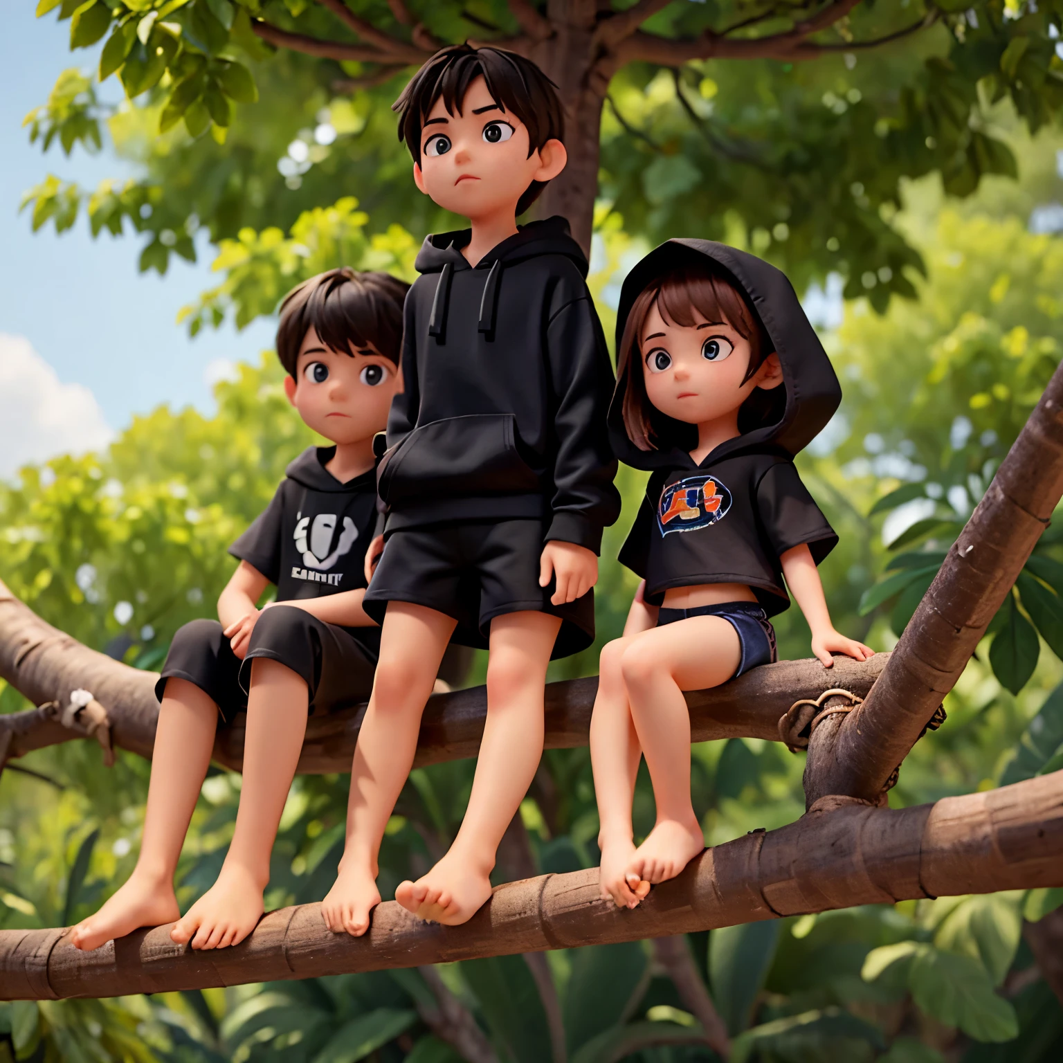 Girl 7 - sits on three with a boy, girl wear crop top and short shorts, girl are barefoot, boy wear black hoody and shirt shorts, boy in black hoody, girl in crop, girl in short shorts, girl barefoot, sits on the three
