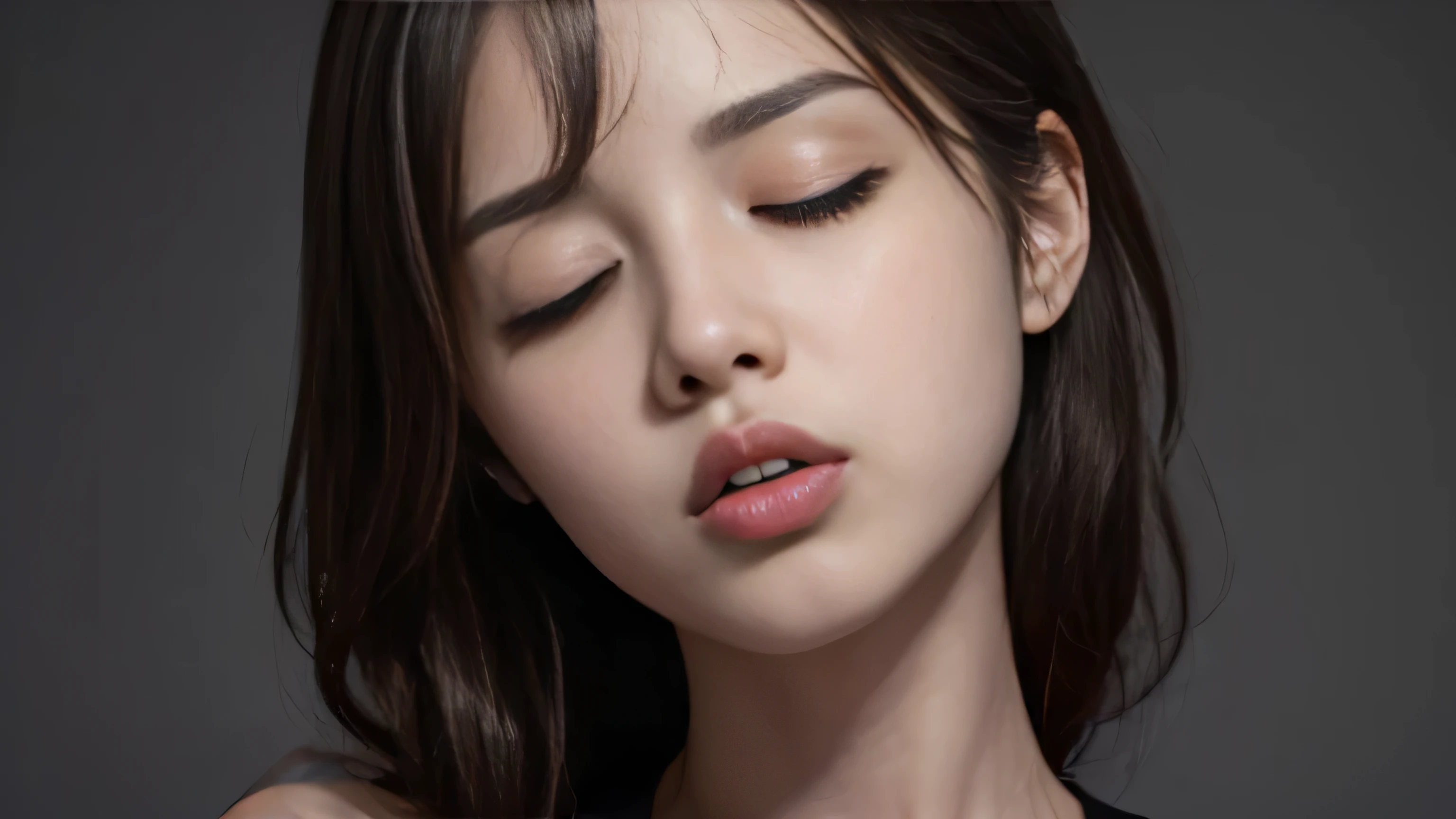 ((highest quality、8K、masterpiece:1.3)), award winning photos, very detailed, focus the eyes clearly, (sharp nose)nose and mouth,face focus, woman with open mouth and closed eyes, black camisole、kiss、kissme,gray background、