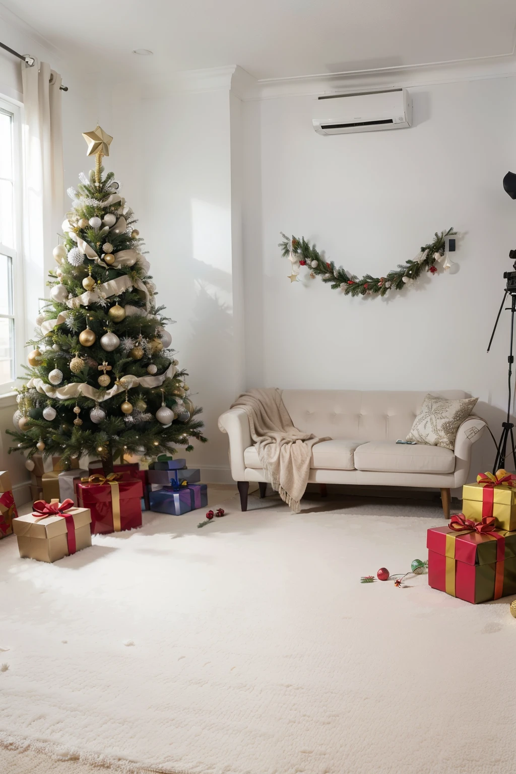 New Year&#39;s photo zone in a professional photo studio, huge Christmas tree in the center, there are silver balls and shiny tinsel on the tree, bright holiday boxes of different colors lie around the tree, on the floor there is a white carpet with a large pile, bright white photo studio with a lot of garlands, photorealism, soft light, Lower angle, Without people