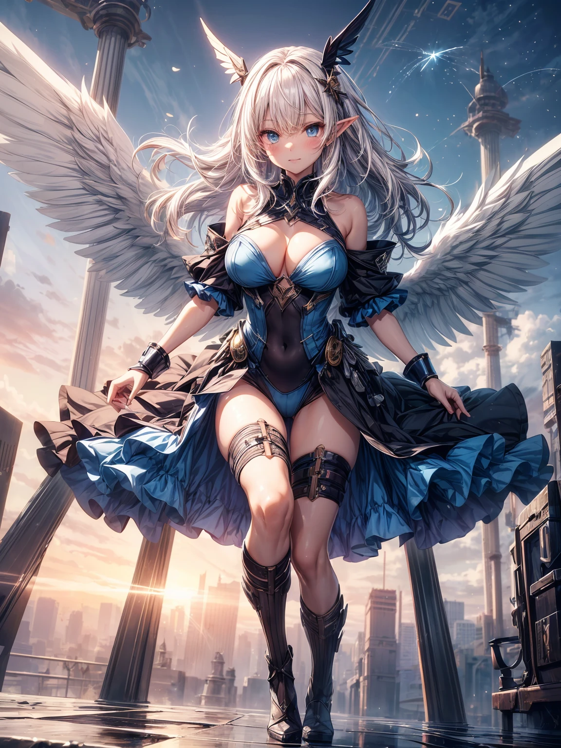 (masterpiece、highest quality, wonderful, very detailedティッカーユニティ、8k wallpaper, Depth of written boundary, Ultra-fine illustration:1.5)、。.。.3D, very detailed, (Full body Esbian、Mecha elf girl:1.3), sci-fi battlefield, Hawken, smile, open your mouth、long silver hair, (white blonde hair, deep blue eyes:1.2), sparkling eyes, cute顔, cute, big breasts, delicate hair, messy hair, (((Flying high in the sky))、blue sky, White cloud), shiny hair, shiny skin, (Symmetrical mechanical winetallic colored mechanical wings that are widely expanded to the left and right so that they protrude wonderfully from the screen, bite, white hair ornament), (particles of light, cinematic lighting: 1.3), (pale pink lips: 0.8), by Yusuke Murata.