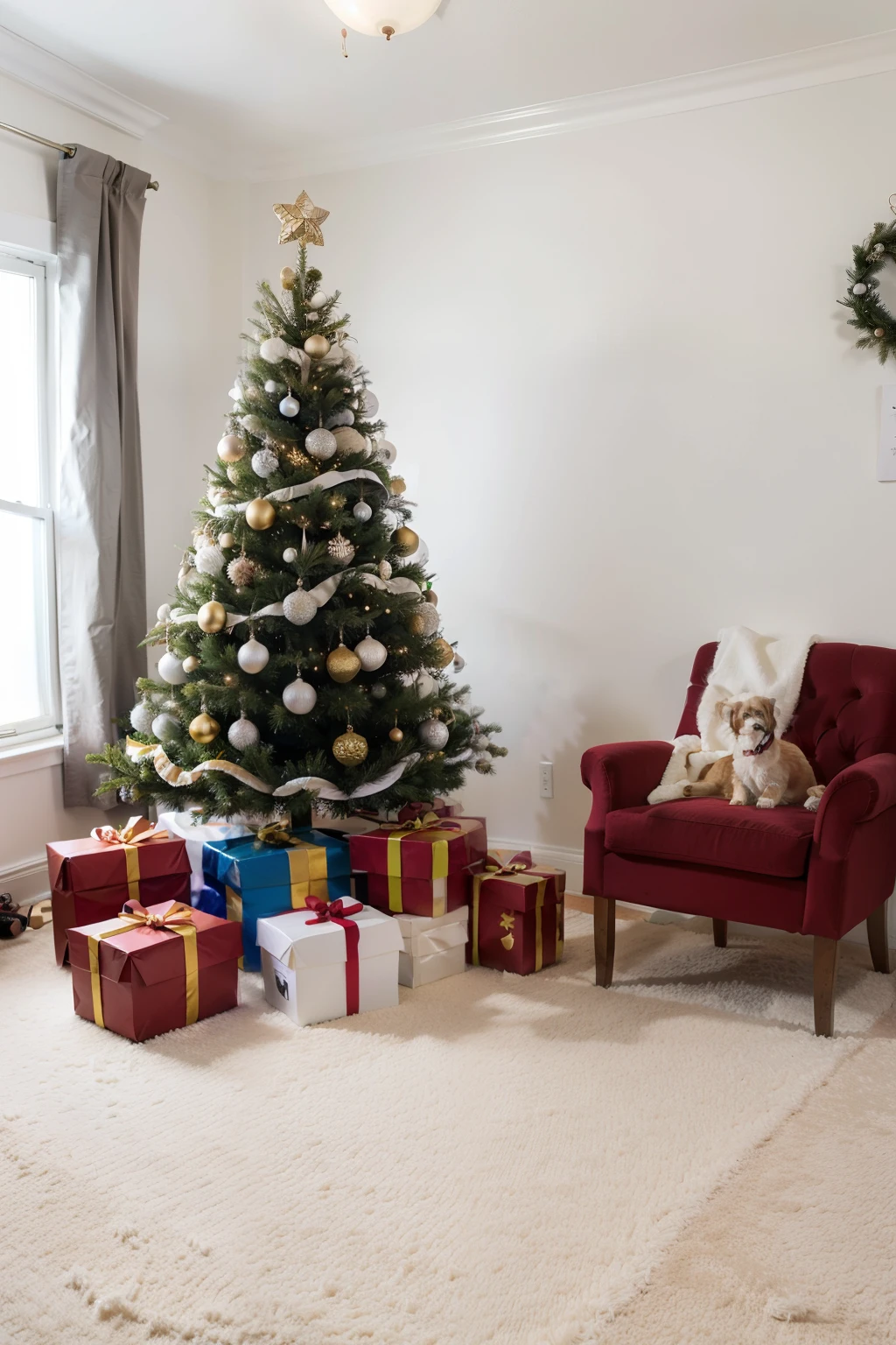 New Year&#39;s photo zone in a professional photo studio, huge Christmas tree in the center, there are silver balls and shiny tinsel on the tree, bright holiday boxes of different colors lie around the tree, on the floor there is a white carpet with a large pile, bright white photo studio with a lot of garlands, photorealism, soft light, Lower angle, Without people