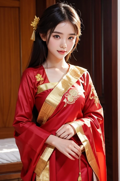1 27 year old solo girl, 1 zodiac goddess from the future, goddess wearing a bridal gown, 21st century traditional ao dai and turban style, 12 pink and purple zodiac signs, goddess wearing white shirt, red and yellow silk pants, red and white tight-fitting long dress, thin cloth ao dai, wearing a long sleeve shirt, sparkling zodiac, luxurious and mysterious dark version, turban with many delicate patterns skillful, wearing a turban across the head of the goddess of the zodiac, 1 compact bridal turban for the goddess, ((1 meticulously designed and detailed bridal turban: 1.8)), red lips, thin lips and beautiful, captivating smile, detailed beauty, detailed background, super detailed, magic lighting, beautiful lighting effects, clear face, long flat hair, beautiful face, meticulous and well-proportioned, (transparent yellow eyes: 1.8), big round eyes and very beautiful and meticulous makeup, visionary, long wearing silk clothes, mysterious makeup, besides bangs and dyed light blonde, big, regular breasts, plump butt, flat stomach, perfect body curves, top half portrait, goddess of the zodiac, drooping arms, Realistic and alive, (the stars make up up) zodiac: 1.7), (sky) of bad zodiac signs texture: 1.8), fiction photo, RAW photo, Vietnamese ao dai photo, best photo, 8k, best quality 8k photo, surreal, most authentic,