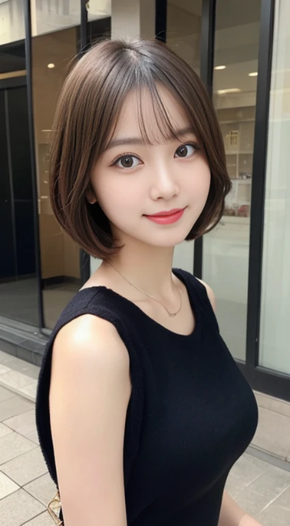 table top, highest quality, figure, super detailed, finely, High resolution, 8k wallpaper, 完璧なダイナミックな構figure, beautiful and fine eyes, ladies' fashion,very short hair,small breasts natural color lip, bold sexy pose,smile,Harajuku、20 year old girl、cute、sexy shot looking at camera