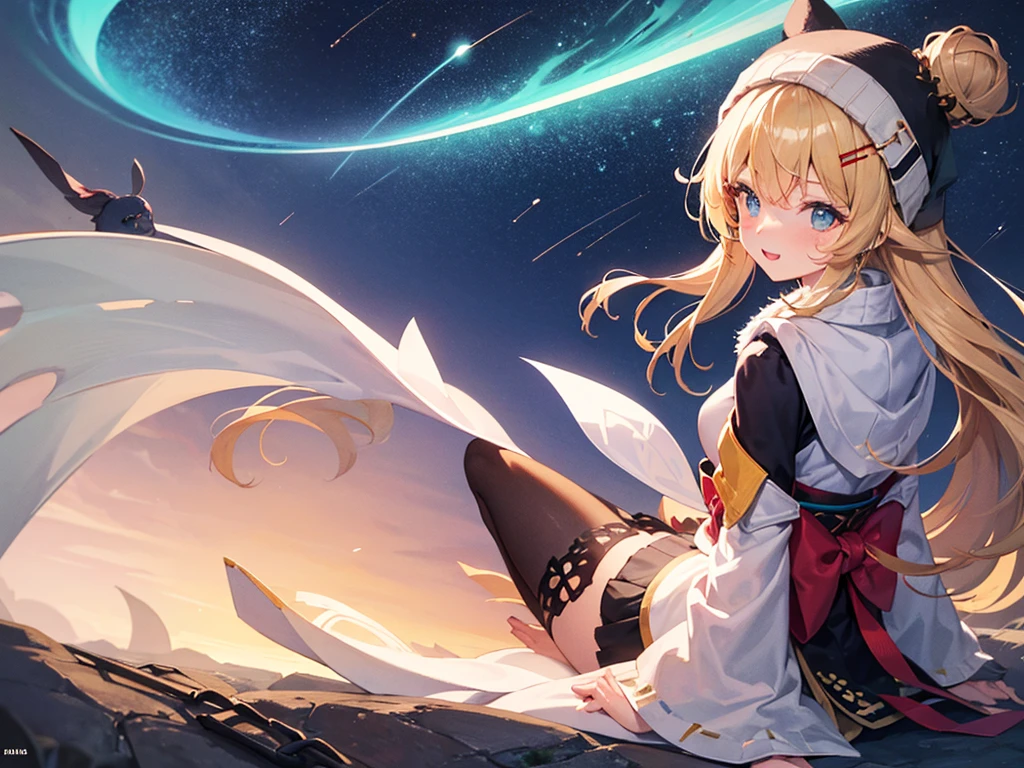 (masterpiece)++,(sweet illustration)+,detailed gradient eyes, outdoors, milky way galaxy, Beautiful scenery, Moonlight, high resolution, night view,
((1girl)), sitting, kimono, WHITE MUFFLER, CAPE, ROBE, (fluffy, beanie), from back, looking at viewer, medium bob, blonde hair, bun_head, shiny wavy hair, blue eyes, light smile, lens flare, Japanies Hairpin, kanzashi, braided bangs, cute, , 14-yo, , sweaty hats, white breath, steam, shooting star,