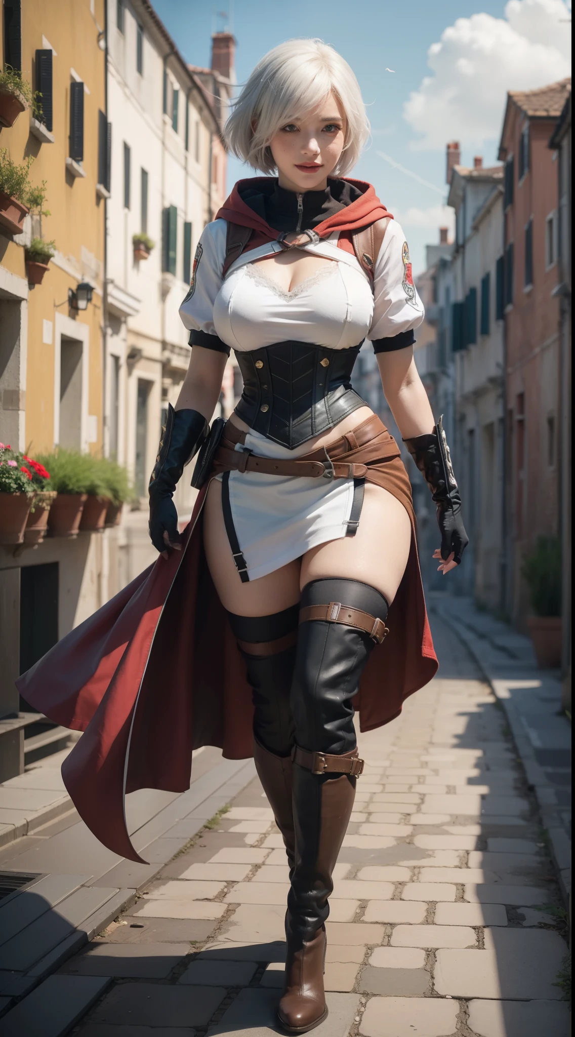 gwen tennyson,yorha 2b,tracer,y'shtola rhul,overwatch,assassin's creed,close up,Venice,rooftop,tattoos,white and red plugsuit,white short sleeve victorian top,white and red long assassin hoodie,lycra leggings,harness corset,long dress train,short hair,punk makeup,green eyes,multicolored silver hair, military gloves,sexy smile,freckles,beautiful girl,knee high boots,large breasts,8k,ultra detailed,realistic,fantasy art,assassin uniform, hair pin,ear piercings,(weather:windy),1girl, assassin daggers,running on the roof,