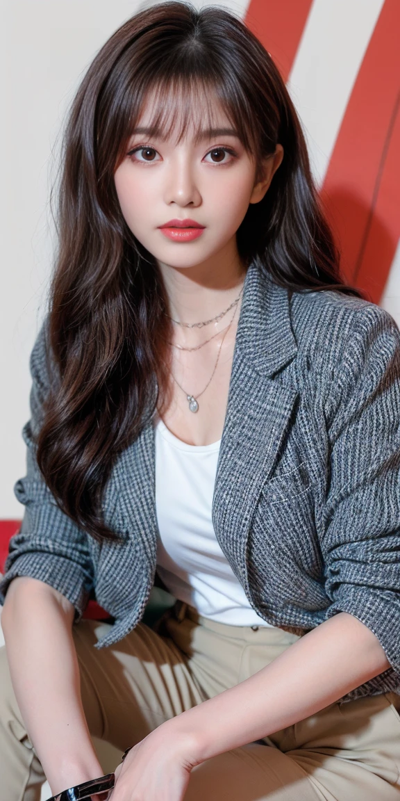 Canon RF85mm f/1.2,masterpiece,best quality,ultra highres,1 girl,(korean mixed,kpop idol:1.2),solo,shiny_skin,very white skin,black eyes,necklace,brown hair,red lips,long hair,eyelashes,wavy hair,bangs,make-up,shiny lips,shiny,Pore,skin texture,jewelry,bracelet,(((Structured_blazer:1.4),(Cropped_trousers:1.3),(Pointed-toe_flats:1.2),(Business_conference_background:1.4)))