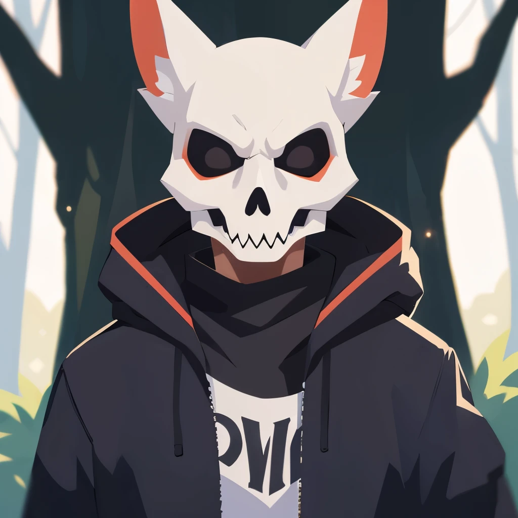 A man with a windago skull mask in the woods