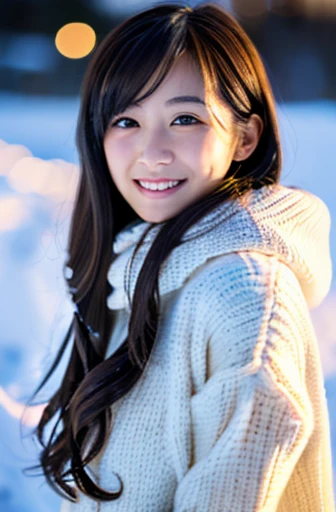 highest quality, soft light, ultra high resolution, (realistic:1.4), full_body,RAW photo, 1 Japanese girl, alone, cute, (pupil, There&#39;s a light in my eyes), detailed beautiful face,(High resolution details of human skin texture), (long hair), outdoor,skirt, (portrait),winter,big smile,knit,snow,night sky