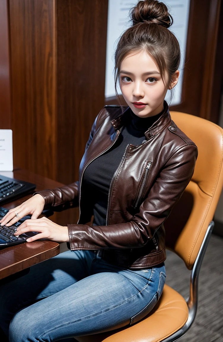 masterpiece，top quality，Best results，modern city，A young and beautiful woman in a spacious office，skinny jeans，Gobang boots，Brown long-sleeved high-waisted leather jacket，tight-fitting autumn clothes，The bun exposes the neck，bridal hairstyle，The butt is big and round，desk，Chair，monitor，keyboard