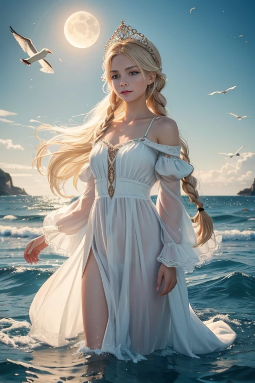 ,((Best quality))),8k,((Masterpiece)),(Extremely refined and beautiful), there is a girl coming out of the sea, a swan princess in Russian mythology, beautiful calm face, blue eyes, long blonde hair braided, the moon braided hair on the back of the head, white old Russian shiny clothes with a Kokoshnik crown on his head, affectionate eyes, half a smile, a gentle expression on his face, seascape and sunlight in the background, seagulls in the sky, full length, realism