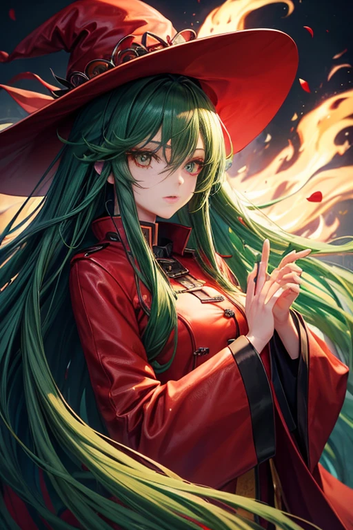 Chica de anime con vestido rojo sentada en un bosque con un sombrero rojo, Pelo verde, hechicera, Una hermosa hechicera, Hermosa hechicera, /!\ La hechicera, Hechicera bonita, Humano :: hechicera, Hermoso mago, Red dress and magic witch hat, classical witch, Mujer hechicera, Bruja Castlevania, Negro - Mago de pelo verde, 2 piernas perfectas