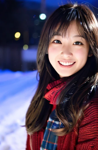 highest quality, soft light, ultra high resolution, (realistic:1.4), full_body,RAW photo, 1 Japanese girl, alone, cute, (pupil, There's a light in my eyes), detailed beautiful face,(High resolution details of human skin texture), (long hair), outdoor,skirt, (portrait),winter,big smile,knit,snow,night sky