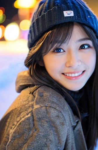 highest quality, soft light, ultra high resolution, (realistic:1.4), full_body,RAW photo, 1 Japanese girl, alone, cute, (pupil, There&#39;s a light in my eyes), detailed beautiful face,(High resolution details of human skin texture), (long hair), outdoor,skirt, (portrait),winter,big smile,knit,snow,night sky