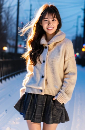 highest quality, soft light, ultra high resolution, (realistic:1.4), full_body,RAW photo, 1 Japanese girl, alone, cute, (pupil, There&#39;s a light in my eyes), detailed beautiful face,(High resolution details of human skin texture), (long hair), outdoor,skirt, (portrait),winter,big smile,knit,snow,night sky