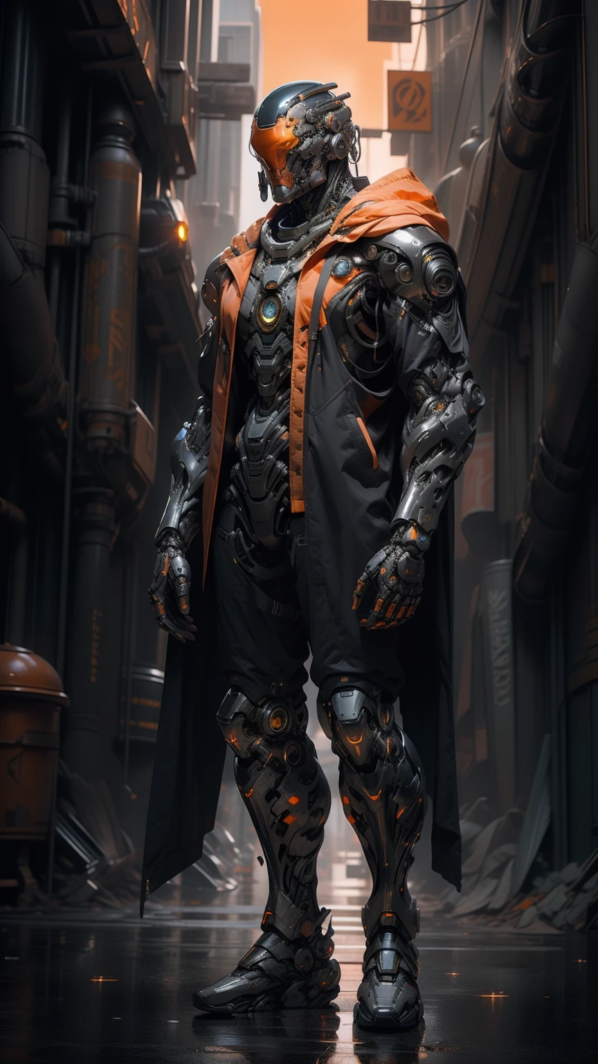 full body plane, a futuristic-looking ((black chrome cyborg)) man with a fantastic ((square cyberhelmet head with orange lights)), mechanical feet, wearing a pair of ((orange tactical gloves)), dressed in a ((orange techwear jacket)), standing in cyberpunk city, face focus UHD, anatomically correct, best quality, masterpiece, reelmech