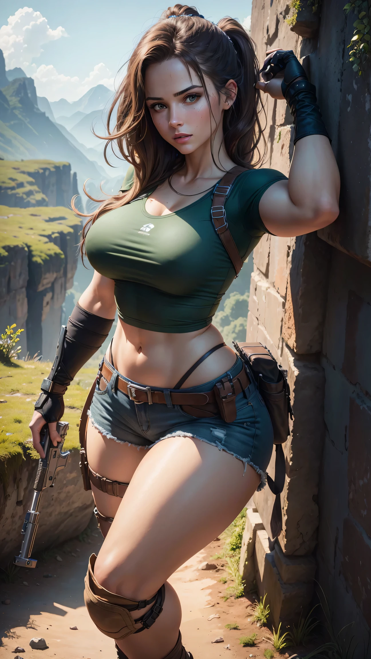 Beautiful young woman,Laura Croft,long brown hair in a ponytail,beautiful detailed eyes,beautiful detailed lips,extremely detailed eyes and face,longeyelashes,big bouncing breasts,blue t-shirt and green jean shorts,white sox,black gloves,hiking boots,thigh gun holsters,(best quality,4k,8k,highres,masterpiece:1.2),ultra-detailed,(realistic,photorealistic,photo-realistic:1.37),HDR,UHD,studio lighting,ultra-fine painting,sharp focus,physically-based rendering,extreme detail description,professional,vivid Tomb Raider, Syfy, artists,beautiful young woman (Laura Croft),long brown hair in a ponytail (beautiful and detailed),big bouncing breasts,blue t-shirt and green jean shorts,white sox,black gloves,hiking boots,thigh gun holsters,sharp focus,ultra-detailed,portraits,physically-based rendering,vivid colors. Full body