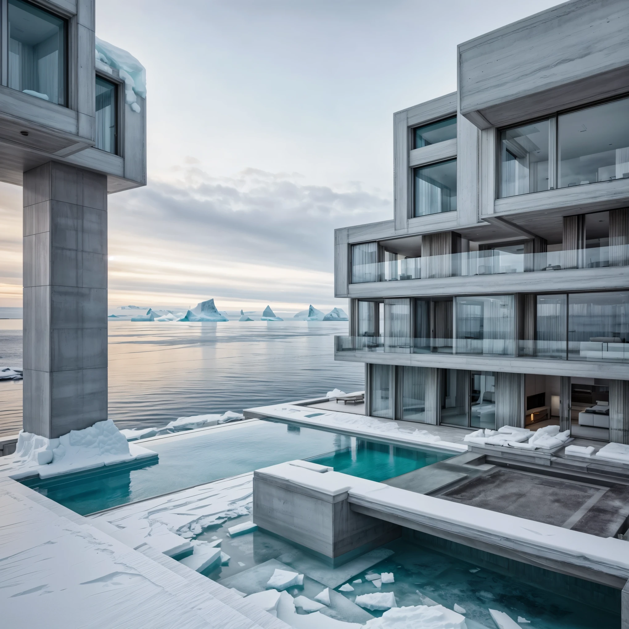 Imagine a view on concrete, modern mansion seamlessly integrated into an iceberg, embodying the perfect blend of modern architecture and iceberg. Design a lavish retreat with a cozy and warm interior that combines the rugged elegance of wooden and concrete materials. Envision large, strategically placed glass windows offering breathtaking views of the cold sea and surrounding icebergs. Your challenge is to create a harmonious masterpiece that not only stands as a testament to architectural innovation but also provides a welcoming and comfortable haven in this unique, frozen environment. Unleash your creativity to craft a concrete mansion that redefines luxury amidst the serenity of the Arctic seascape.