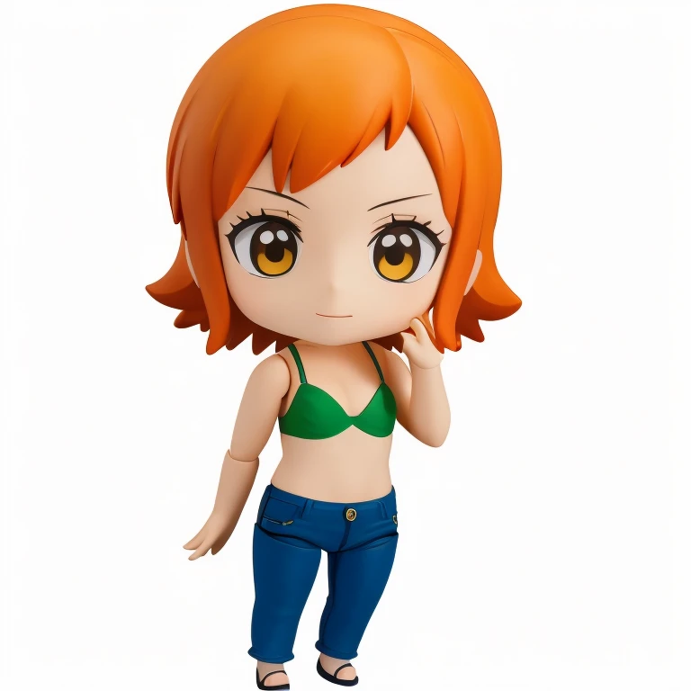 ((masterpiece)), (best quality), highres, ultra-detailed,
nendroid, chibi, solo, simple background,  white background, full body, standing, hands,
one piece, uta, 1girl,nami,orange hair,green bra,jeans
