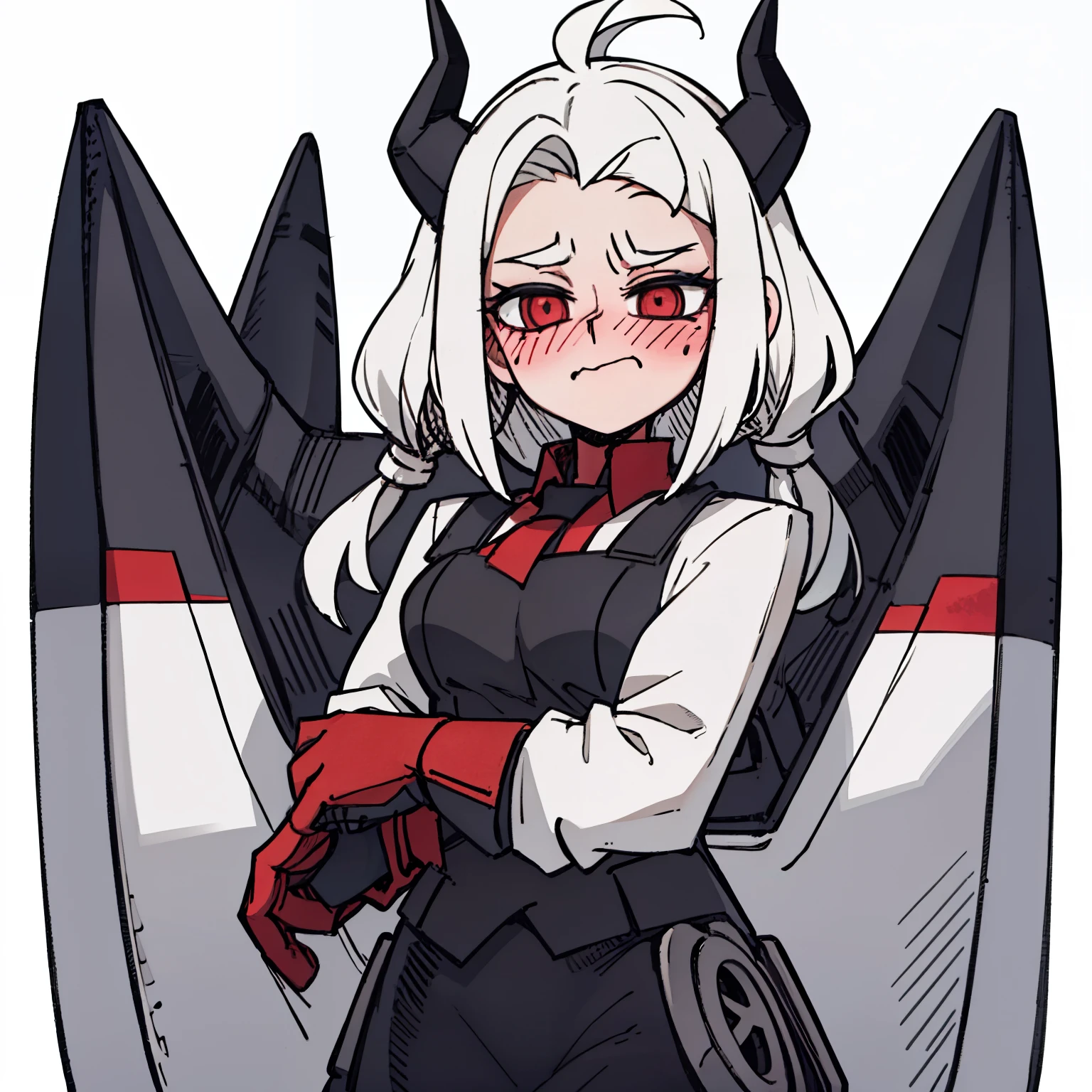 ((A big,blush,front,whole body)),dress,white hair,Show forehead,black devil horns,White background,grace,
