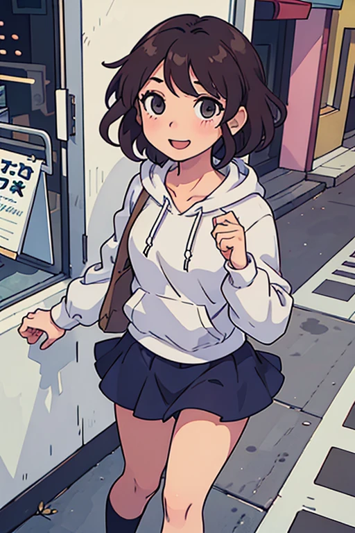 (best quality:0.8) Perfect anime illustration, A pretty, Happy woman with short curly brown hair on city street, wearing a hoodie, skirt