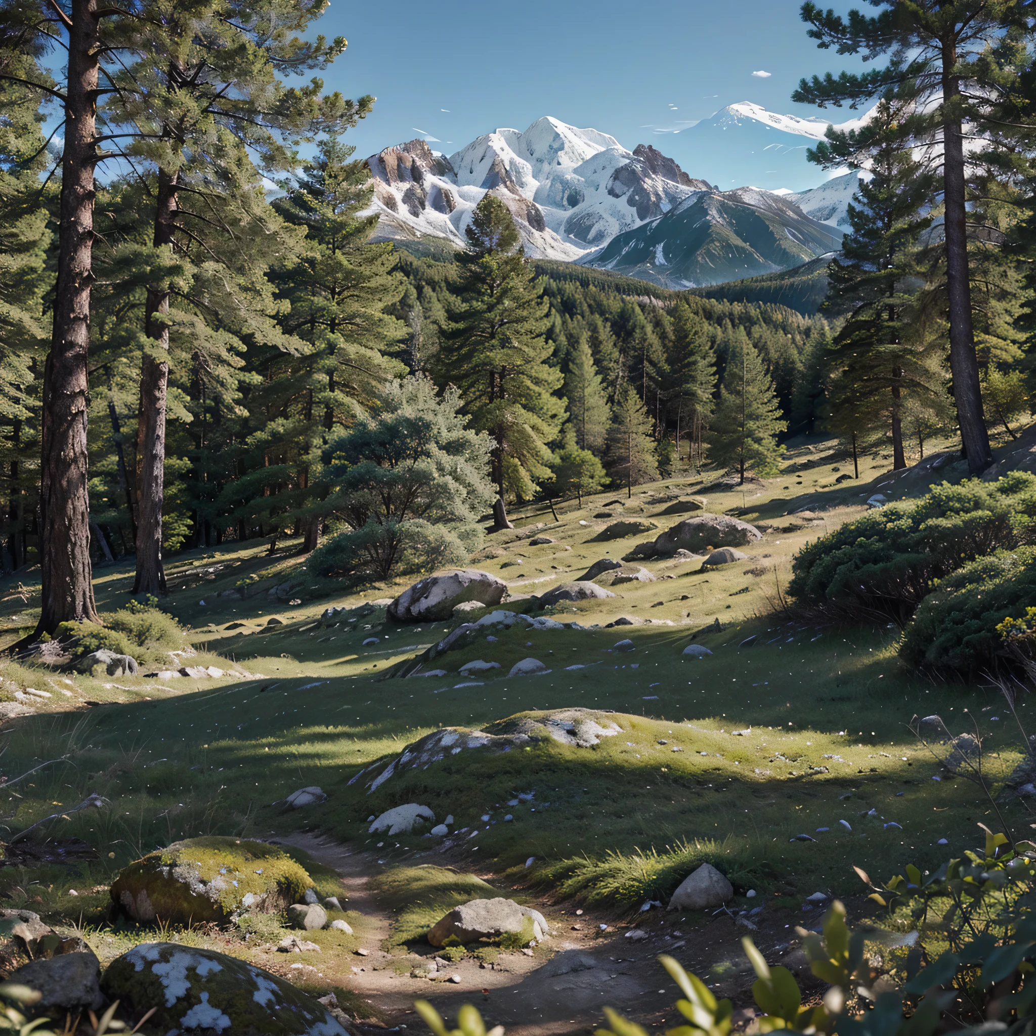 Inside the bright green forest with the surrounding rare metal saphere rocks and white snowy mountains and create different photos