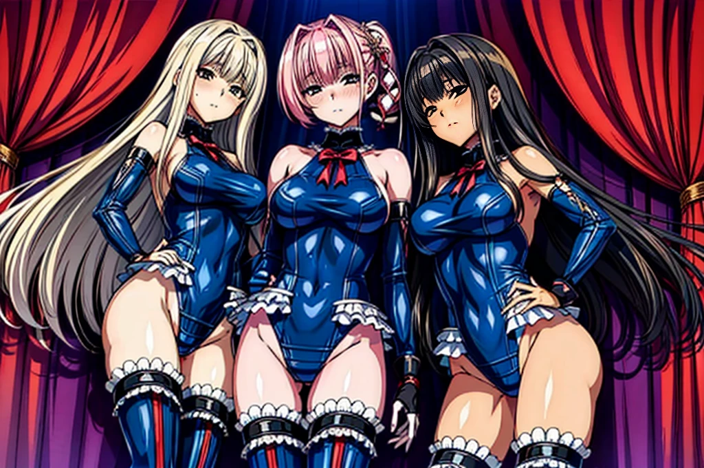 three girls, ( (Digital) (8K ), medium breasts, (fril swimsuit, Thighhighs, removed sleeve)) , highest quality, marierose,1 girl,,,(A futuristic laboratory lined with large culture tanks),,hypnoLora,
empty eyes