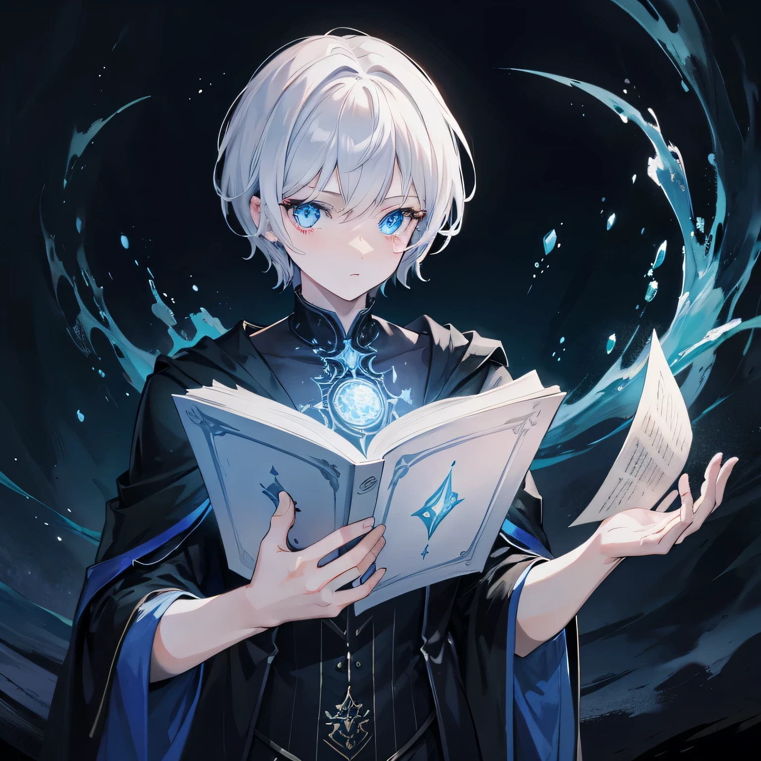 {[{{"Magnificent dark atmosphere, Being in a magical world, 4k artwork of man with gray hair and glowing blue eyes, short hair, Surrounded by spellbooks,Making magic."}]}}