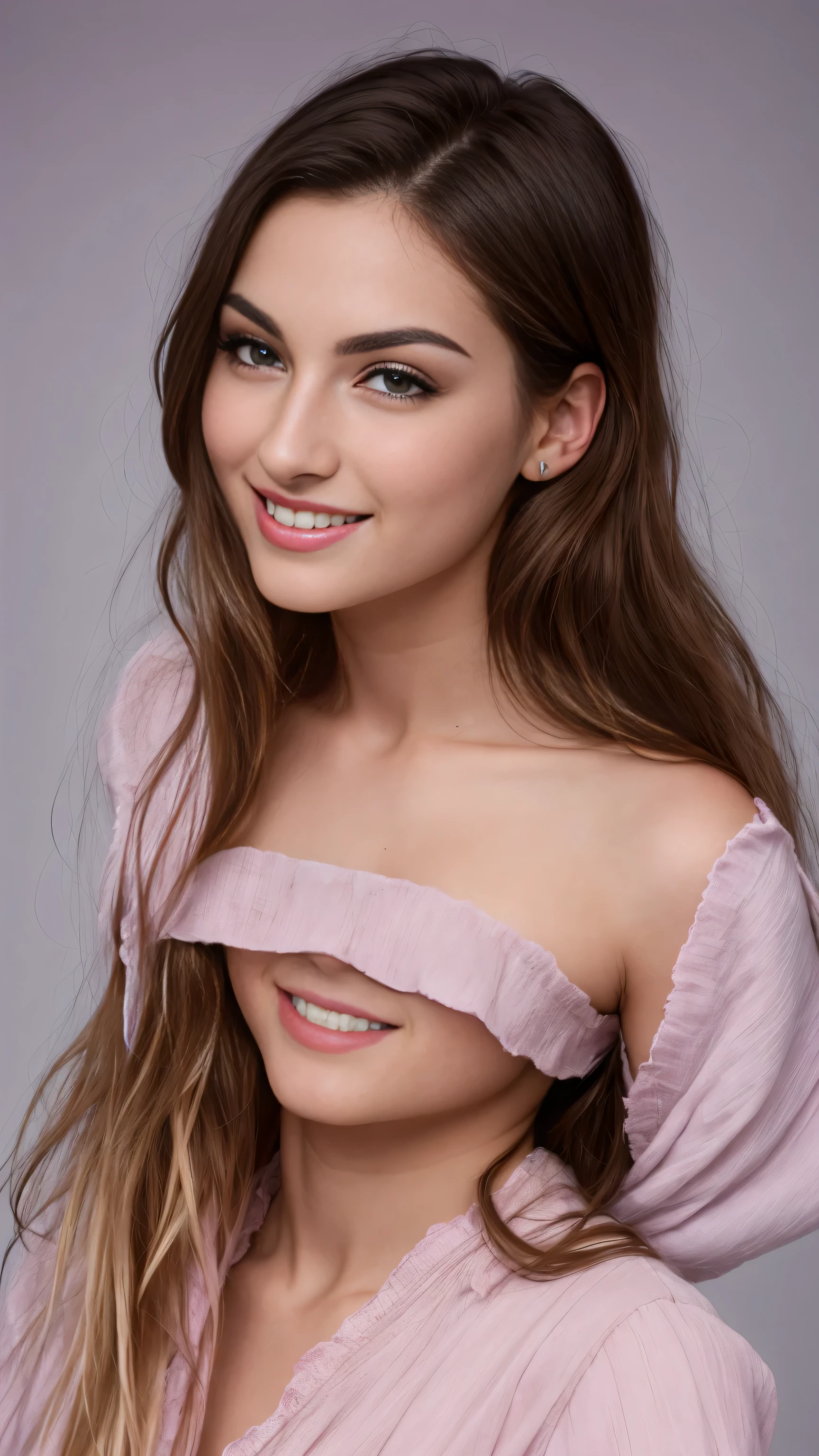 Fashion model 25 years old, [[[[close up]]]], [[[[perfect ]]]], [[[[neck]]]], [[[[Shoulder]]]], perfect brown eyes, perfect iris, perfect lips, gentle smile, perfect teeth, perfect brown skin, Soft headlight, glow, human development report, (pastel colors:1.2)