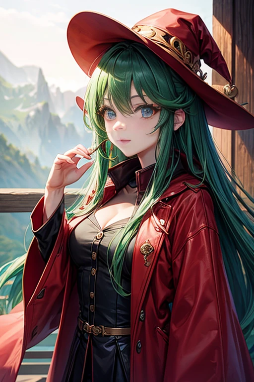 Master piece, girl with green hair and a green hat standing in a room, splash art, style artgerm, elf girl, range murata and artgerm, artgerm lau, vivy, style of artgerm, style league of legends, ruan jia and artgerm, artgerm style, ! dream artgerm