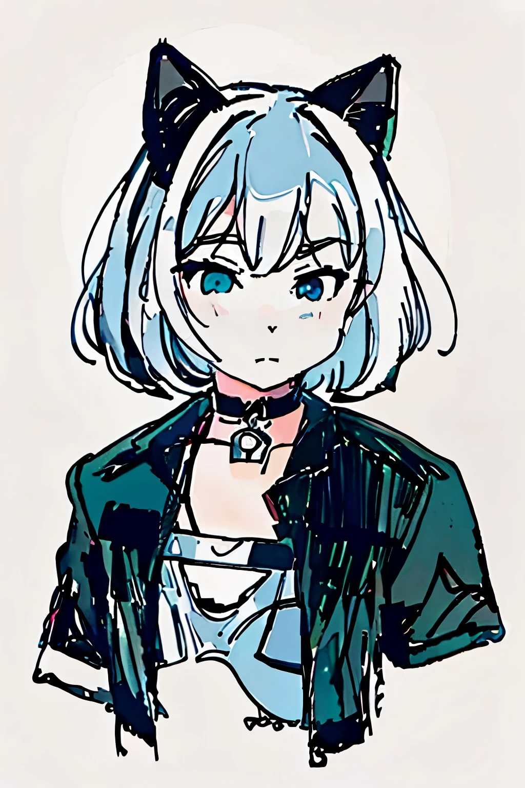 1girl, :3, animal_ears, bangs, black_background, black_jacket, blush, cat, cat_ears, choker, cleavage, closed_mouth, collarbone, eyebrows_visible_through_hair, green_eyes, hair_between_eyes, jacket, letterboxed, looking_at_viewer, medium_breasts, sarashi, short_hair, silver_hair, solo, stuffed_animal, stuffed_toy, transparent_background, upper_body, virtual_youtuber, white_hair, wears techwear clothes, detailed, masterpiece,

