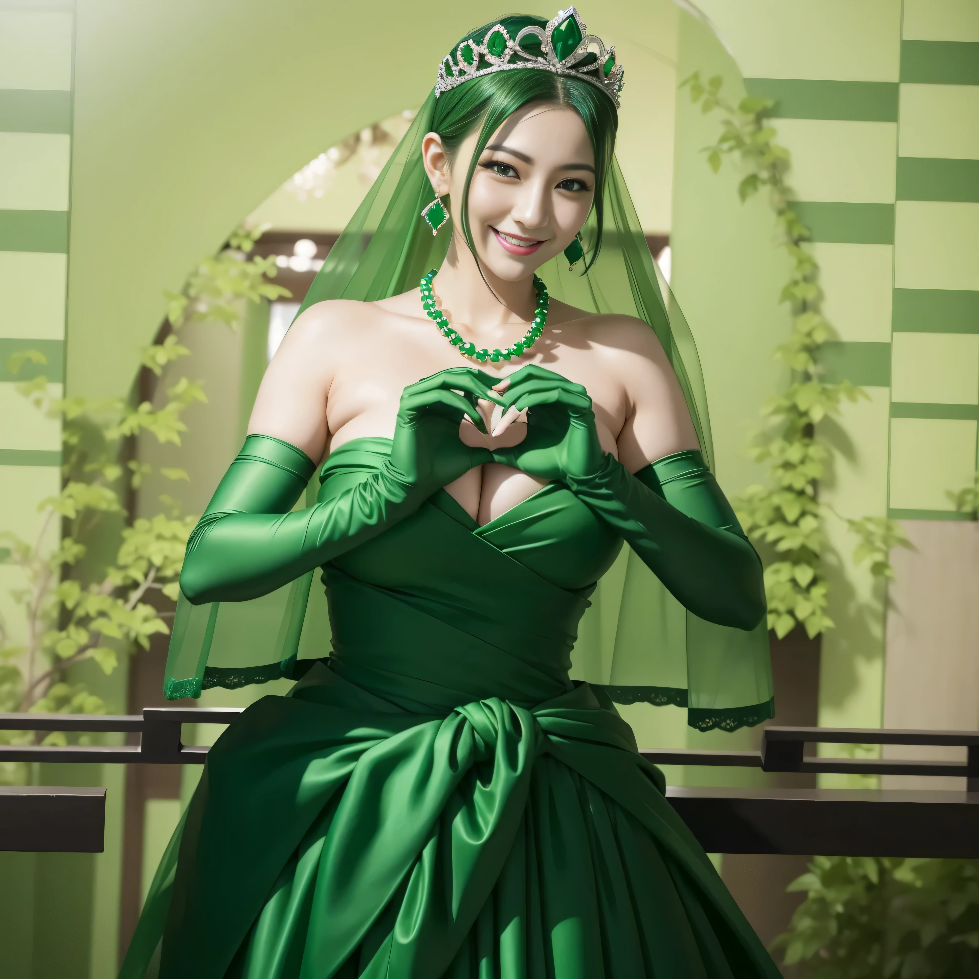 emerald tiara, green pearl necklace, ボーイッシュな非常に短いgreen hair, lipstick, smiling Japanese woman, very short hair, Beauty with large , green eyes, Long Green Satin Gloves, green eyes, emerald earrings, green veil, heart with both hands, green hair, Beautiful Japan woman in her 30s, heart shaped hand:1.3