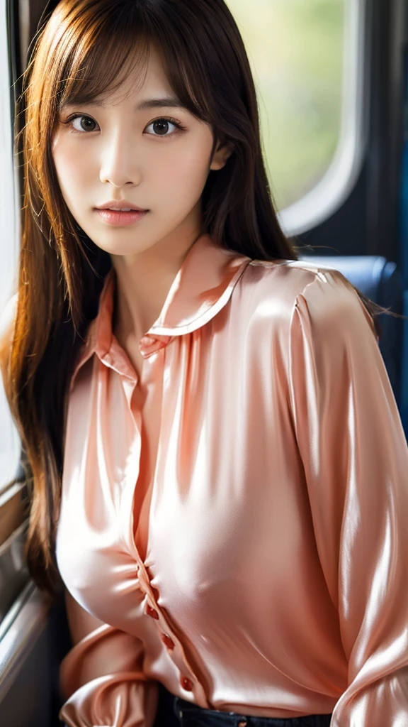 Woman wearing a silk collared blouse、big breasts、long sleeve