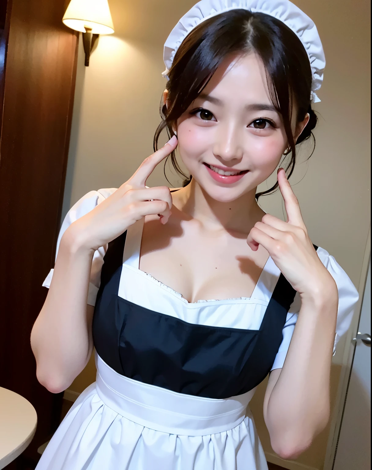 maid、20th generation women、shortcut、Cute Pose、open chest