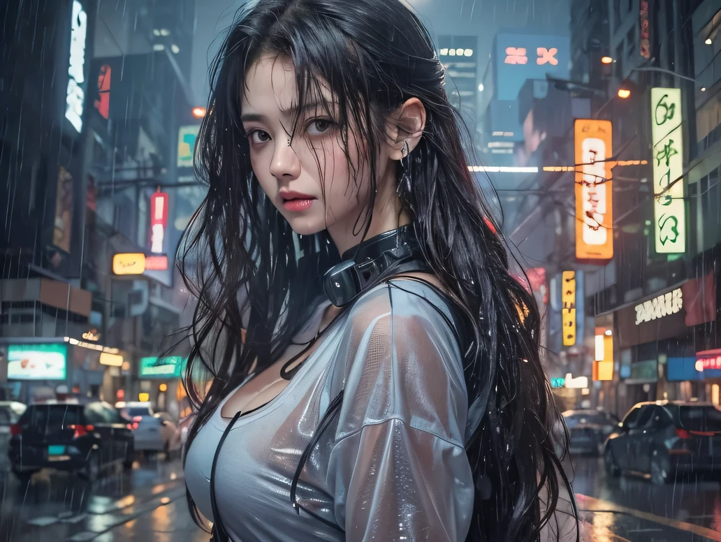 (8k, RAW photo, best quality, mastery:1.2), (realistic, photo-realistic:1.37),3girl,cityscape, night, rain, wet, professional lighting, photon mapping, radiosity, Chinese Doll,torn,chemise, large Image breasts, nurses,, large breast, mecha girl, cyberpunk, robot girl