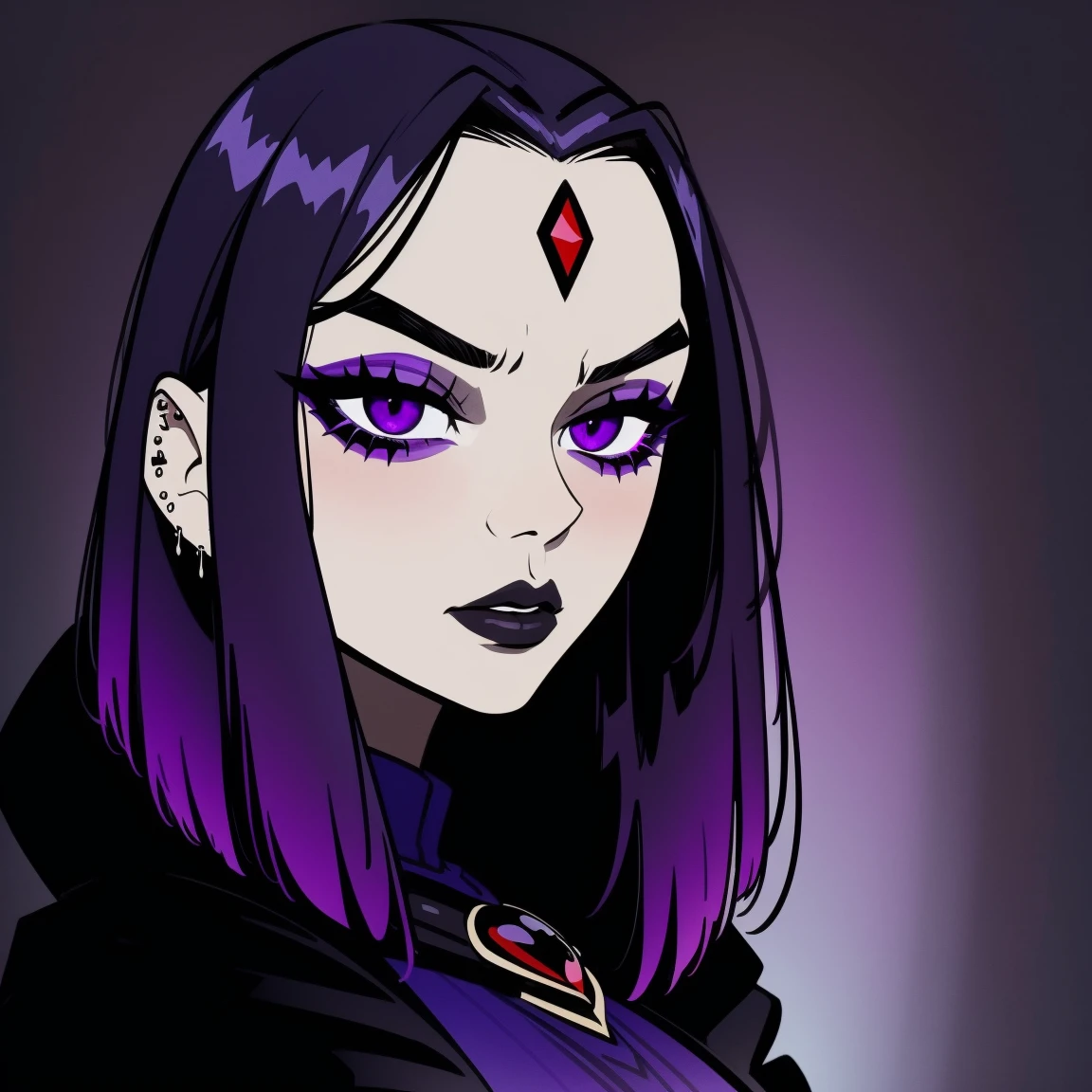 Raven,  titans, hooded, goth girl, autumn forest background, detailed, detailed, detailed, beautiful, detail, goth girl, masterpiece, purple clothes, red jewel centre head, dark night background, gothic, goth, goth, detailed, goth girl, piercings, detailed face, looking viewer, raven, (Dark eye shadow) dark eye shadow, black eye shadow,