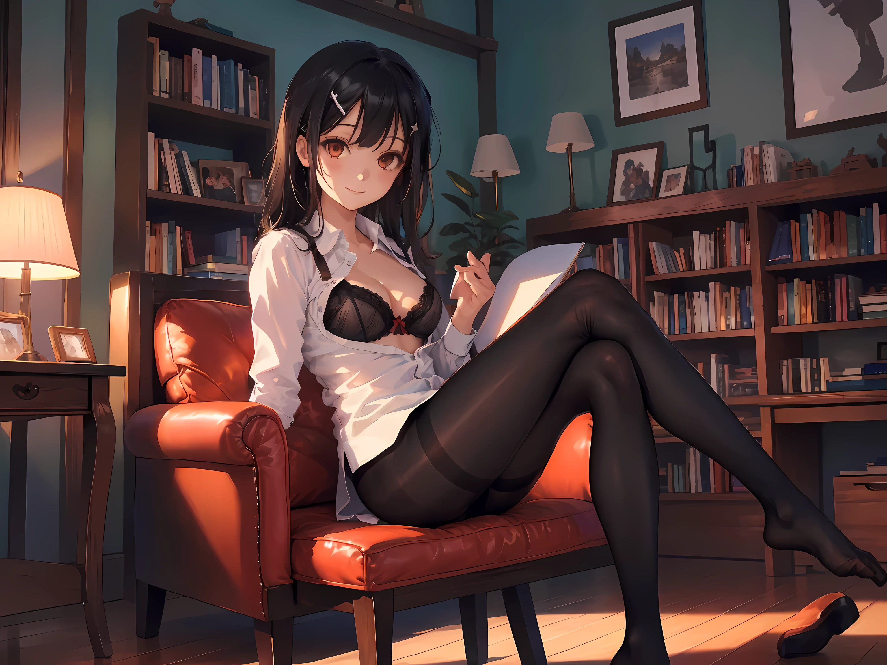 (cowboy shooting:1.3),(最OK质量), ((masterpiece)), (high resolution), illustration, The original, Very detailed,Debger,1 girl, (Miyu Edelfeldt),Change,camel toe,black hair,brown eyes,Poker , pantyhose, long hair, shirt, no shoes, legs crossed, sitting, Cat, plant, brown eyes, alone, underwear, indoors, bow, Bookshelf, potted plant, OK, breast, bowtie, white shirt, looking at the audience, black hair, black pantyhose, Chair, Smile, wooden floor, dress shirt, no pants, thighband pantyhose, armChair, lamp, long sleeves, spark, black OK, collared shirt, split, Bangs, small breasts,bench,