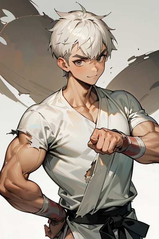 Masterplece, Best Quality, light gray hair color, short hair, martial arts , (Meticulous muscle detail:1.2), smooth skin, serious look,(torn white short sleeve shirt:1.2), dirty and tattered clothes , White Hachimaki, (Rin々thick eyebrows:1.11), (short) ,(anatomically correct:1.2) , front, Upper body , smile , (Put your hands on your hips、Proud) ,Number of fingers, muscular legs and crotch,whole body