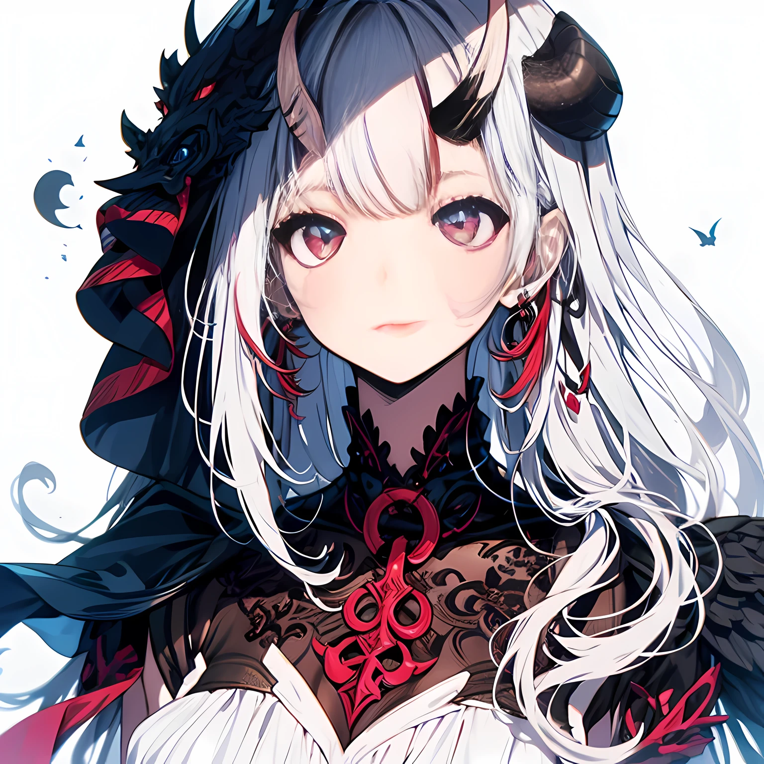 1 boy, alone, Super exquisite illustrations, extremely delicate and beautiful, best quality, devil horns, Demon Wings, young, dark and sinister, Noble costumes, White background, intense gaze, intricate details, otherworldly, fantasy.