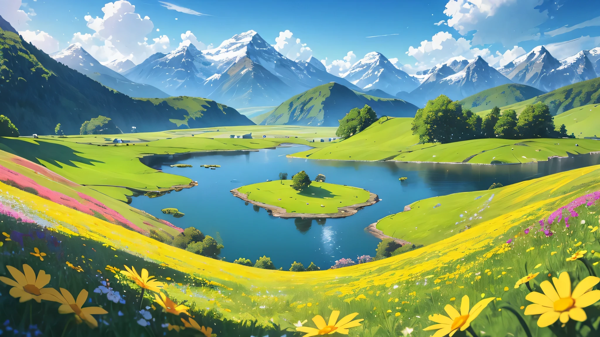 Summer, meadows, few small flowers, clear lakes, sheep, heaven, large clouds, blue sky, hot weather, HD detail, wet watermark, hyper-detail, cinematic, surrealism, soft light, deep field focus bokeh, distant view is snowy mountains, ray tracing, and surrealism. --v6